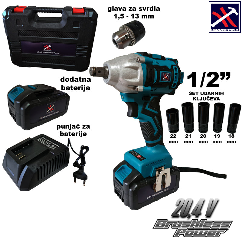 Hammer Tools akkus csavarozó X2 Li-ion akkumulátor + fúrófej 1,5-13 mm + 5 bit 18, 19, 20, 21, 22 mm