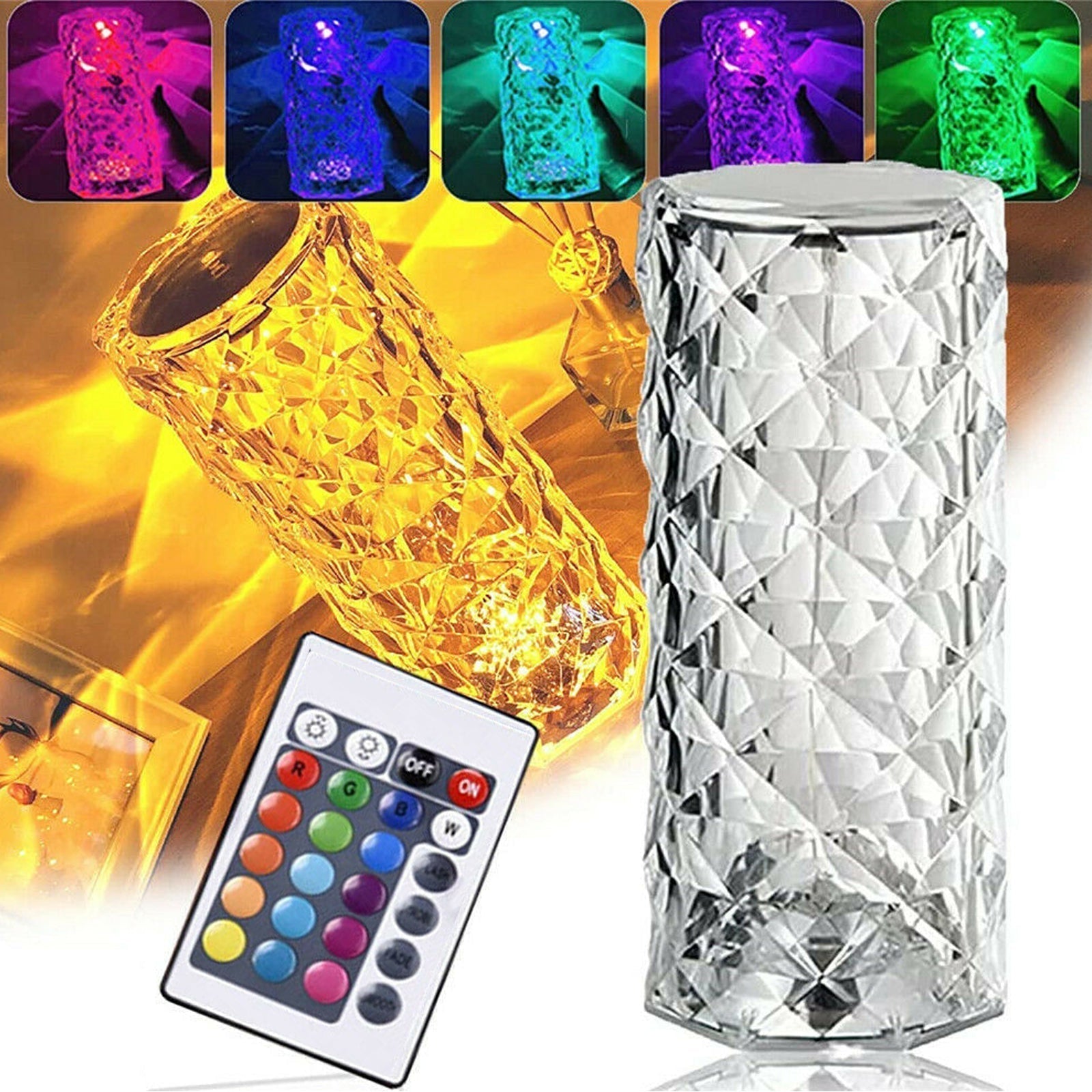 GYÉMÁNT ASZTALI LÁMPA, ÚJRA TÖLTHETŐ, TÁVIRÁNYÍTÓVAL, 16 KÜLÖNBÖZŐ SZÍNNEL