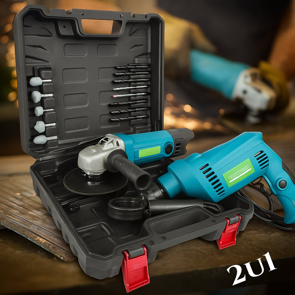 GK fúró és sarokcsiszoló alkatrészekkel ellátott tokban