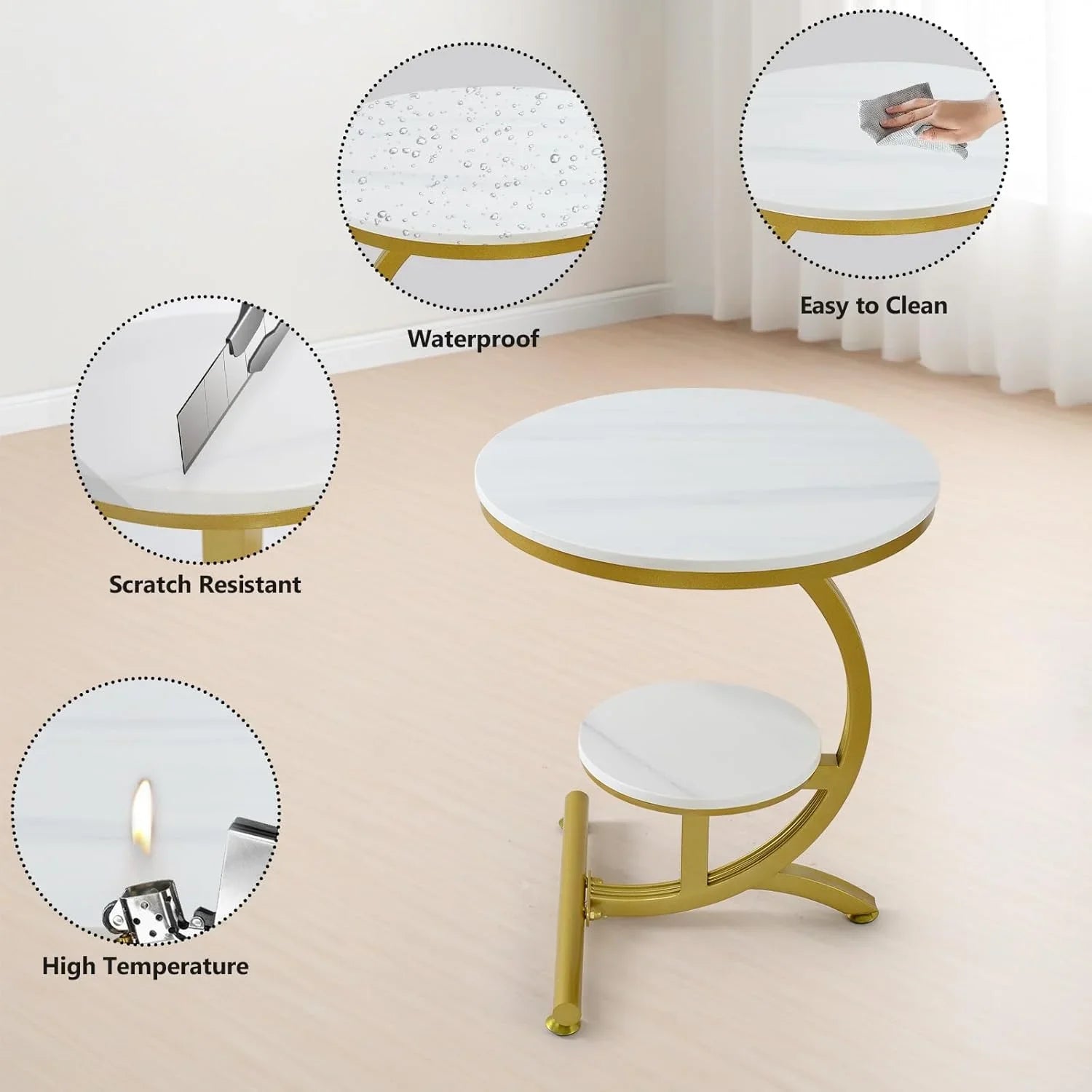 Kerek dohányzóasztal dupla felülettel - márvány & arany