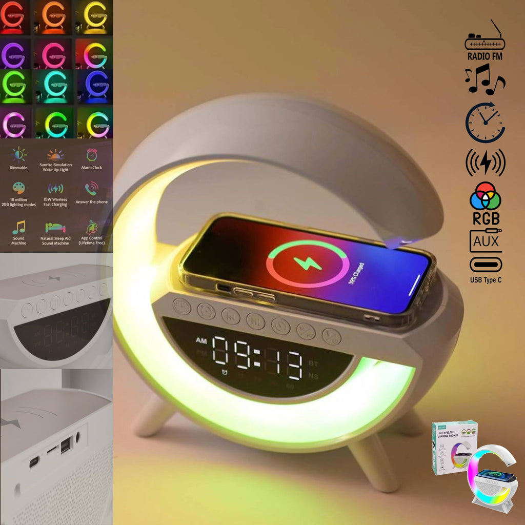 4 az 1-ben LÁMPA, VEZETÉK NÉLKÜLI TÖLTŐ, BLUETOOTH HANGSZÓRÓ ÓRÁVAL