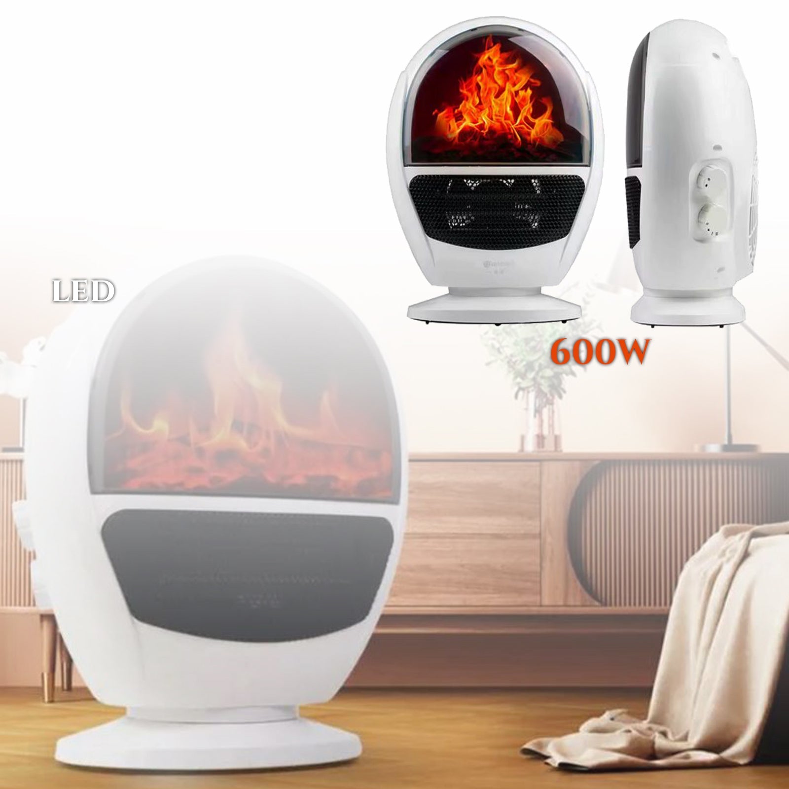 2 az 1-ben LED kandalló és fűtőberendezés 600W