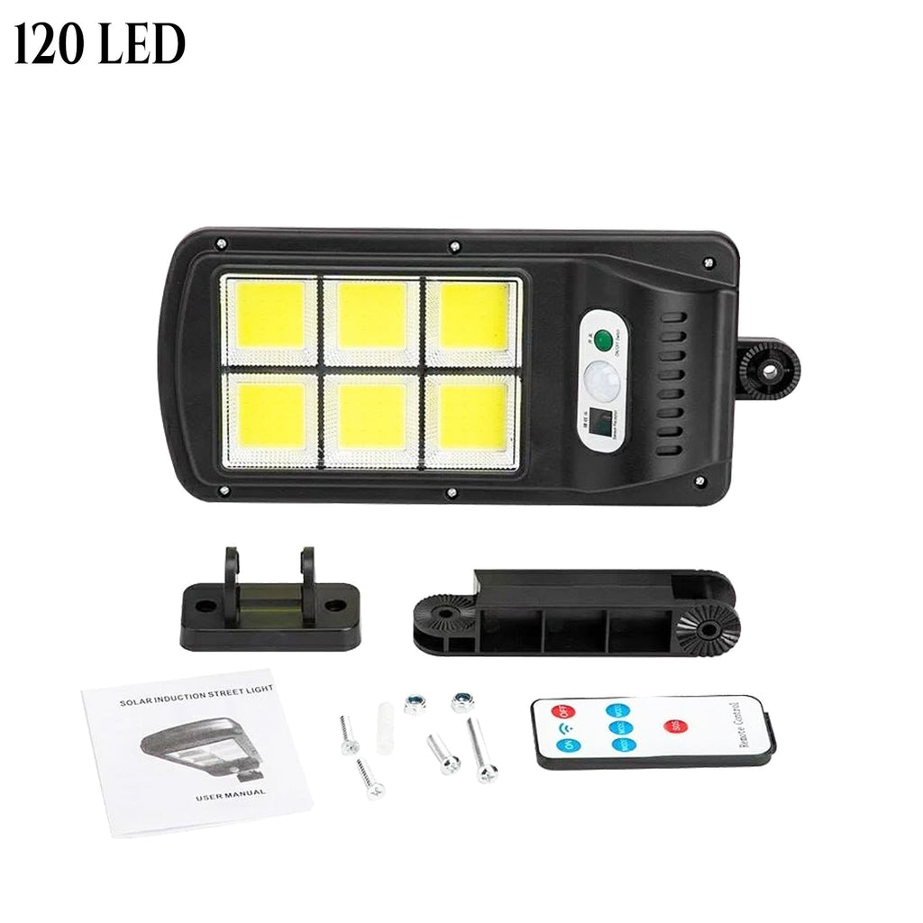 NAPELEMES REFLEKTOR ÉRZÉKELŐVEL, 120 LED-DEL, TARTÓVAL ÉS TÁVIRÁNYÍTÓVAL