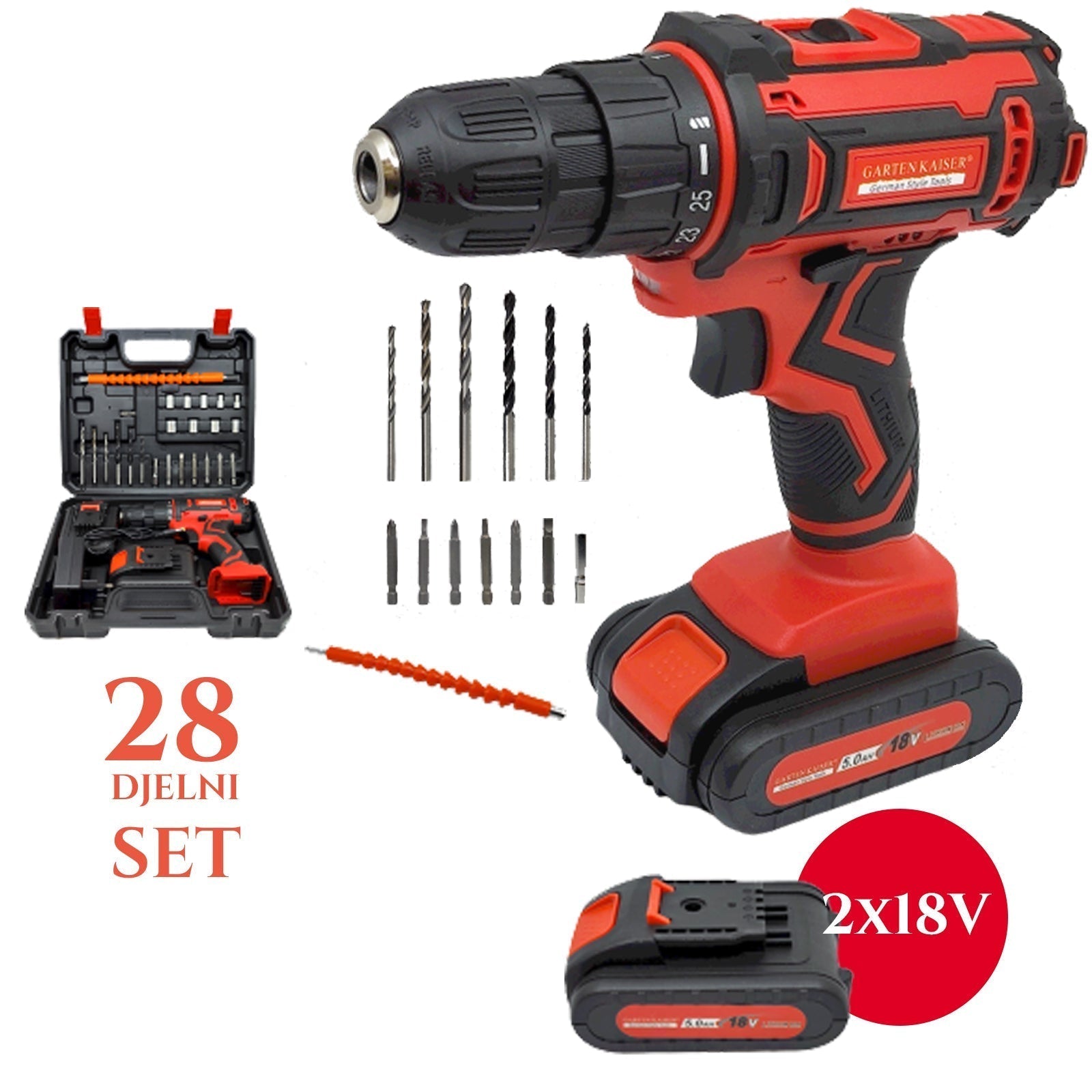 Akkus fúró-csavarozó 18V (28 darabos készlet) X2 akkumulátor