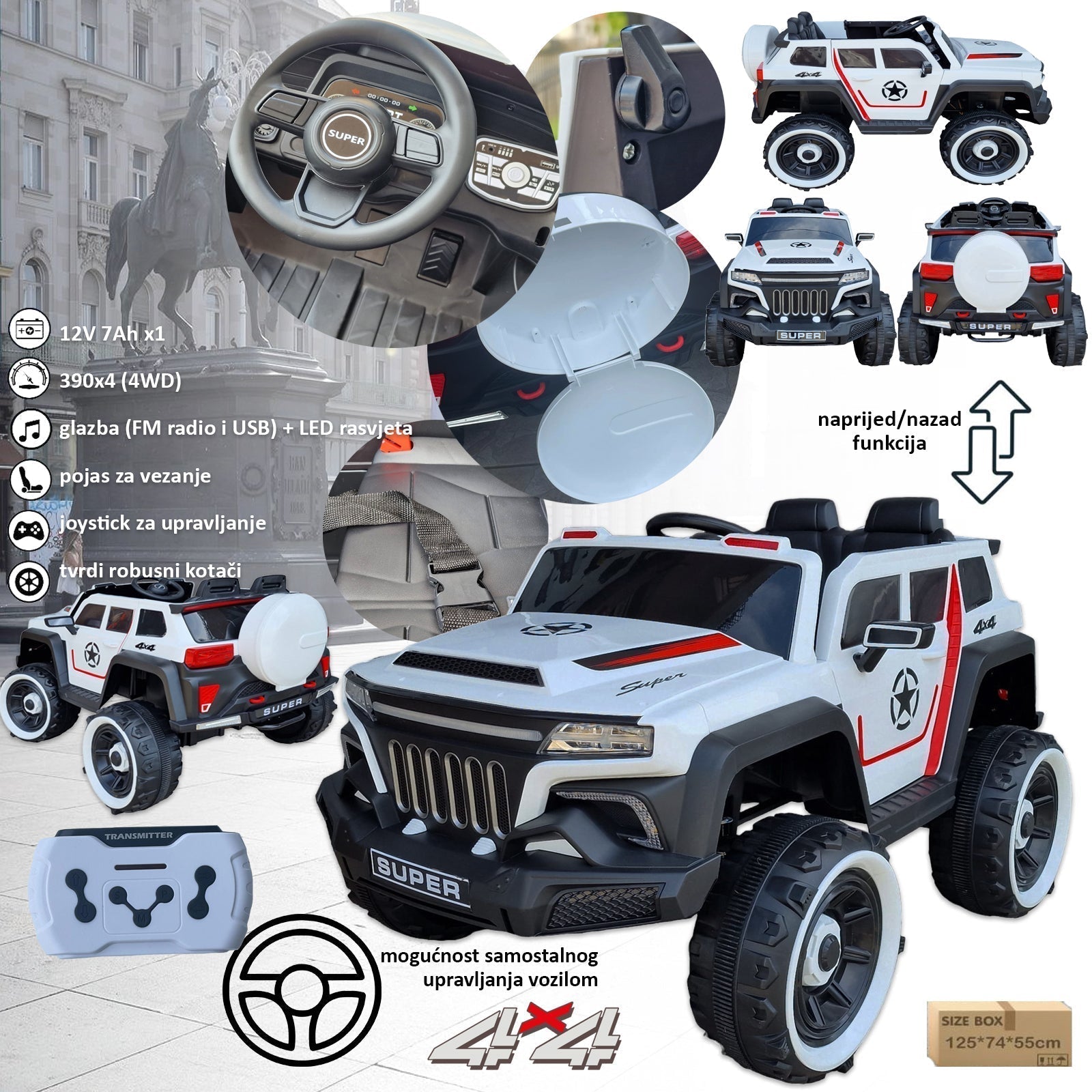 AKKUMULÁTOROS, ÖNKORMÁNYZÁSÚ, 4WD-S AUTÓ + TÁVIRÁNYÍTÓ SZÜLŐKNEK