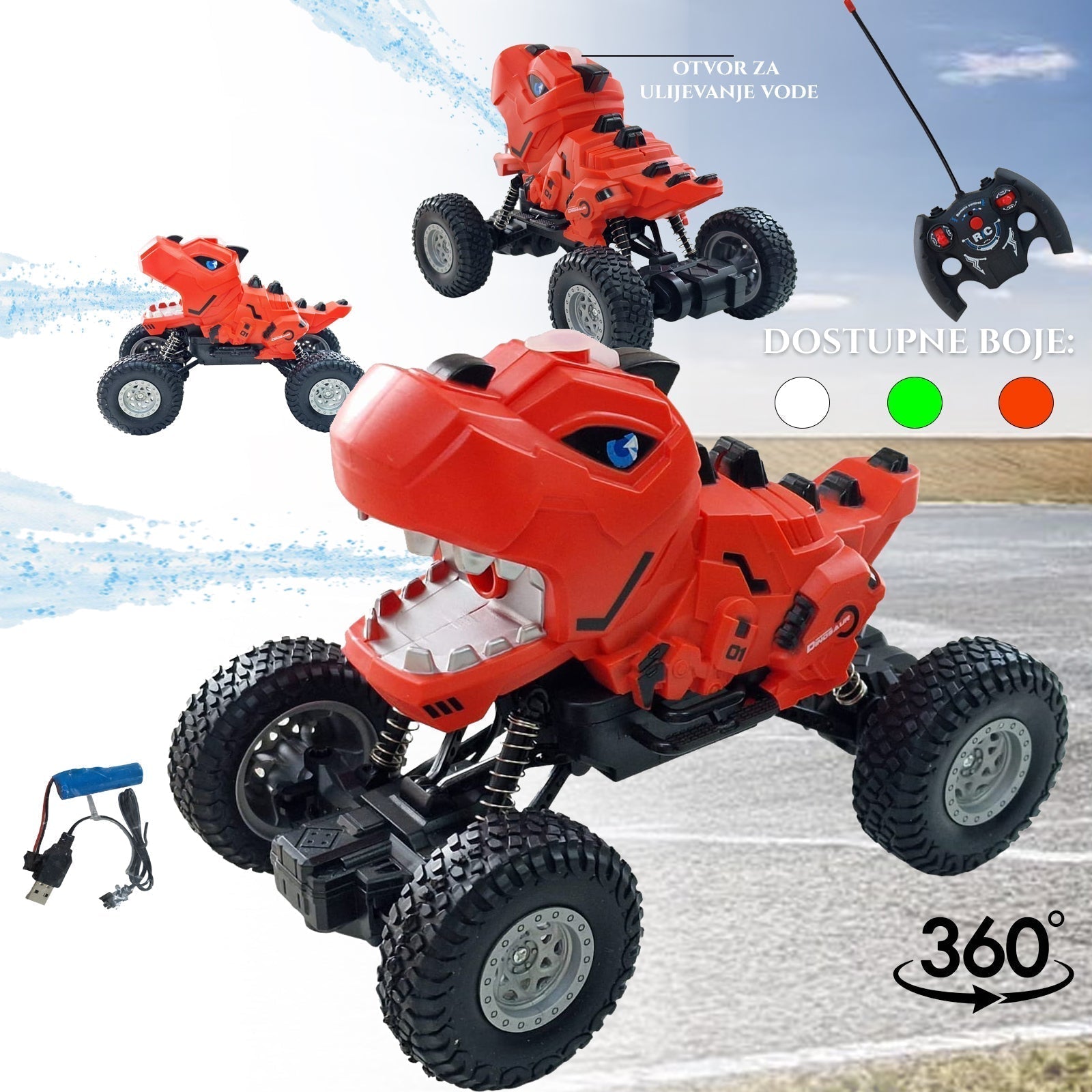 360 fokos távirányítós dinoszaurusz kitörő vízpermet-hatással