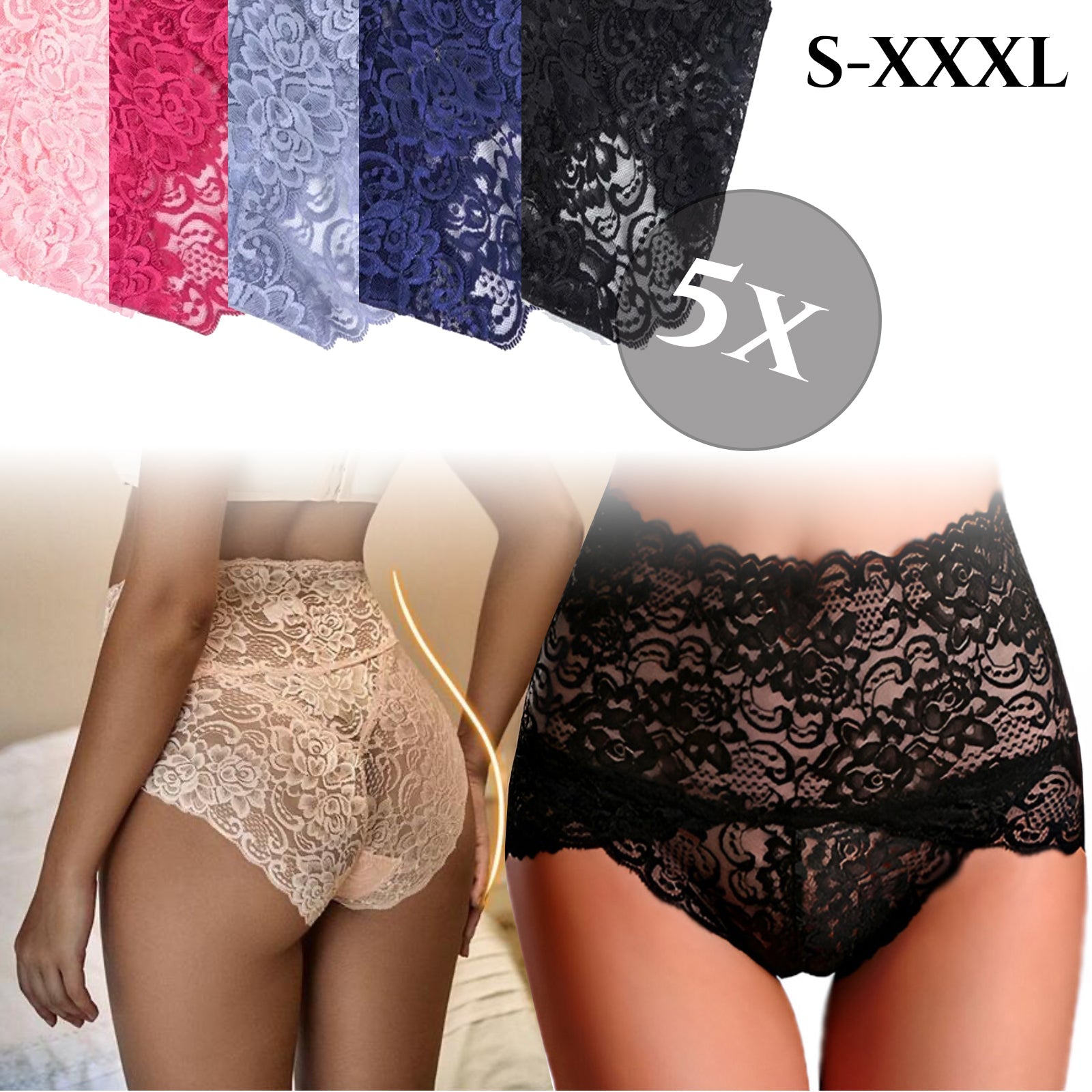5× Csipkés Magasított Derékú Női Bugyi - Szett