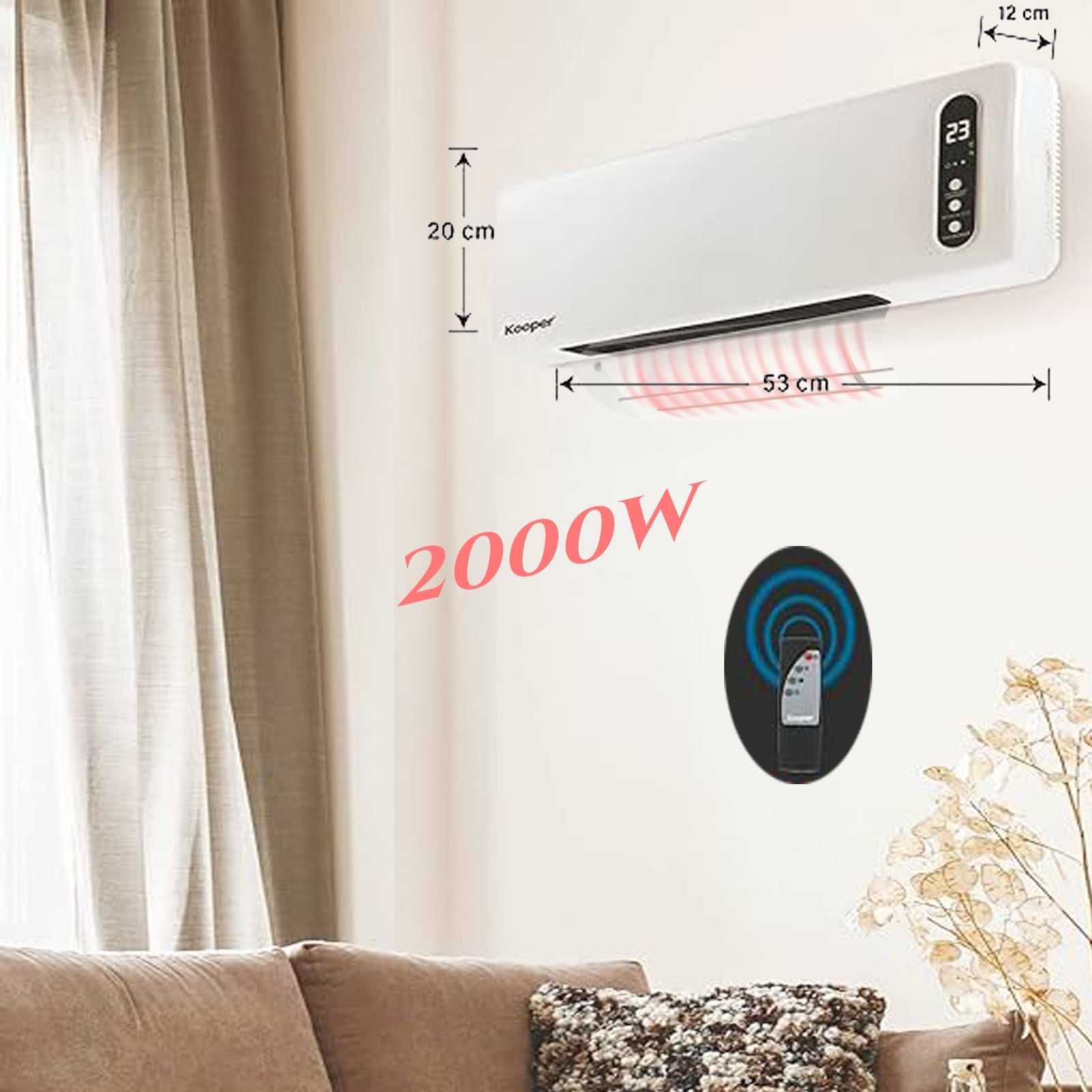 Fali fűtőtest 2000 W + távirányítóval