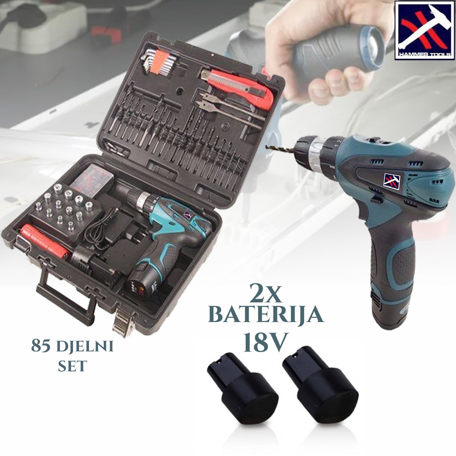 XXL AKKUS FÚRÓ-CSAVAROZÓ 18 V-OS 2 LÍTIUM-AKKUMULÁTORRAL, 85 ALKATRÉSSZEL ÉS LED LÁMPÁVAL