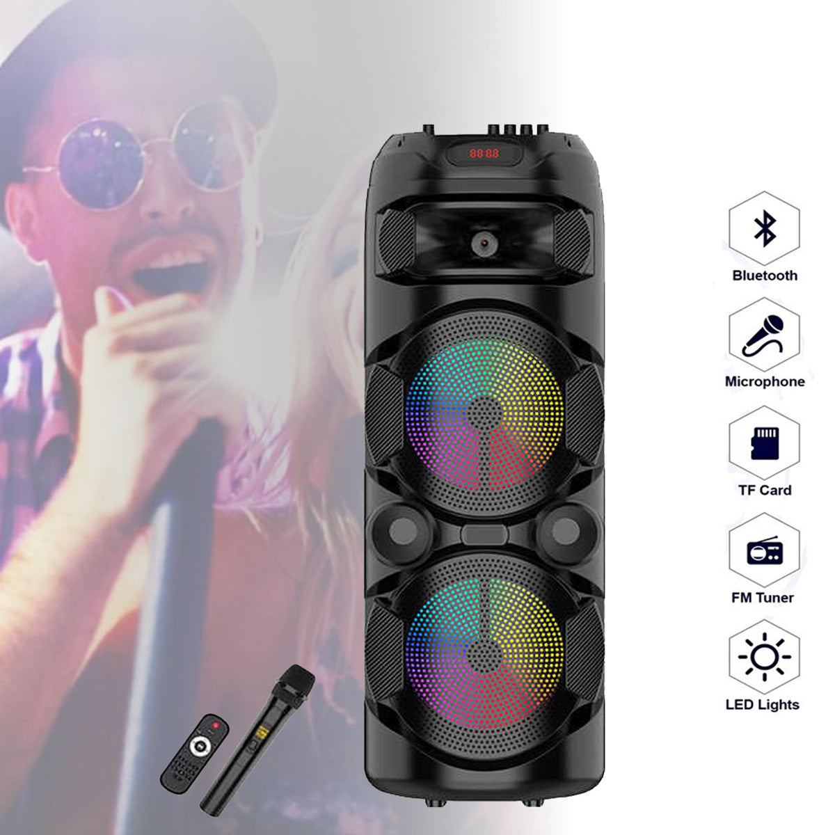 DUPLA 8 HÜVELYKES BLUETOOTH HANGSZÓRÓ VEZETÉK NÉLKÜLI MIKROFONNAL
