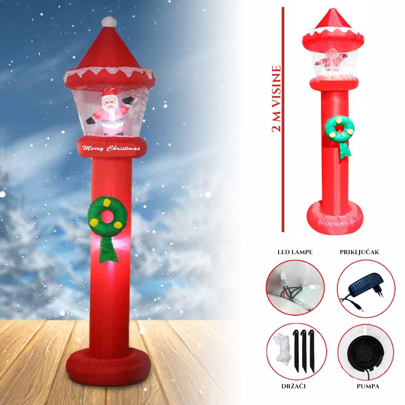 2 méteres felfújható karácsonyi lámpa, amely repülő hóval világít