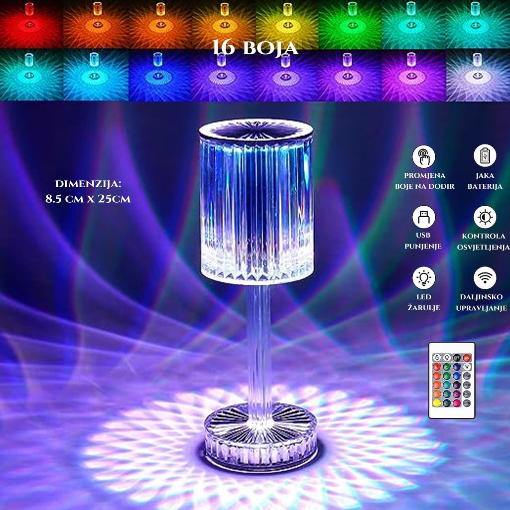ÚJRA TÖLTHETŐ KRISTÁLYOS LED ASZTALI LÁMPA ÉRINTÉSÉRZÉKELŐVEL 16 SZÍNNEL ÉS TÁVIRÁNYÍTÓVAL