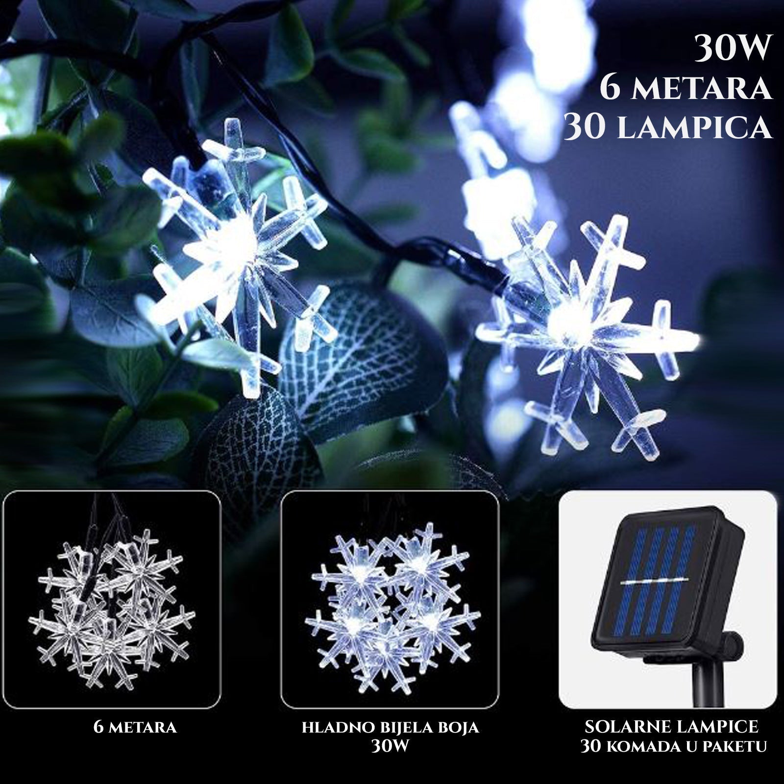 NAPELEMES KARÁCSONYI LÁMPÁK KÜLTÉRI HÓPEHELYHEZ 6M