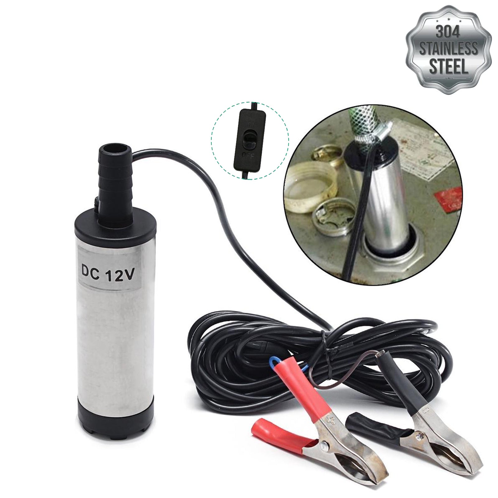 Rozsdamentes acél üzemanyag-áttöltő szivattyú 12V-os BE/KI gombbal