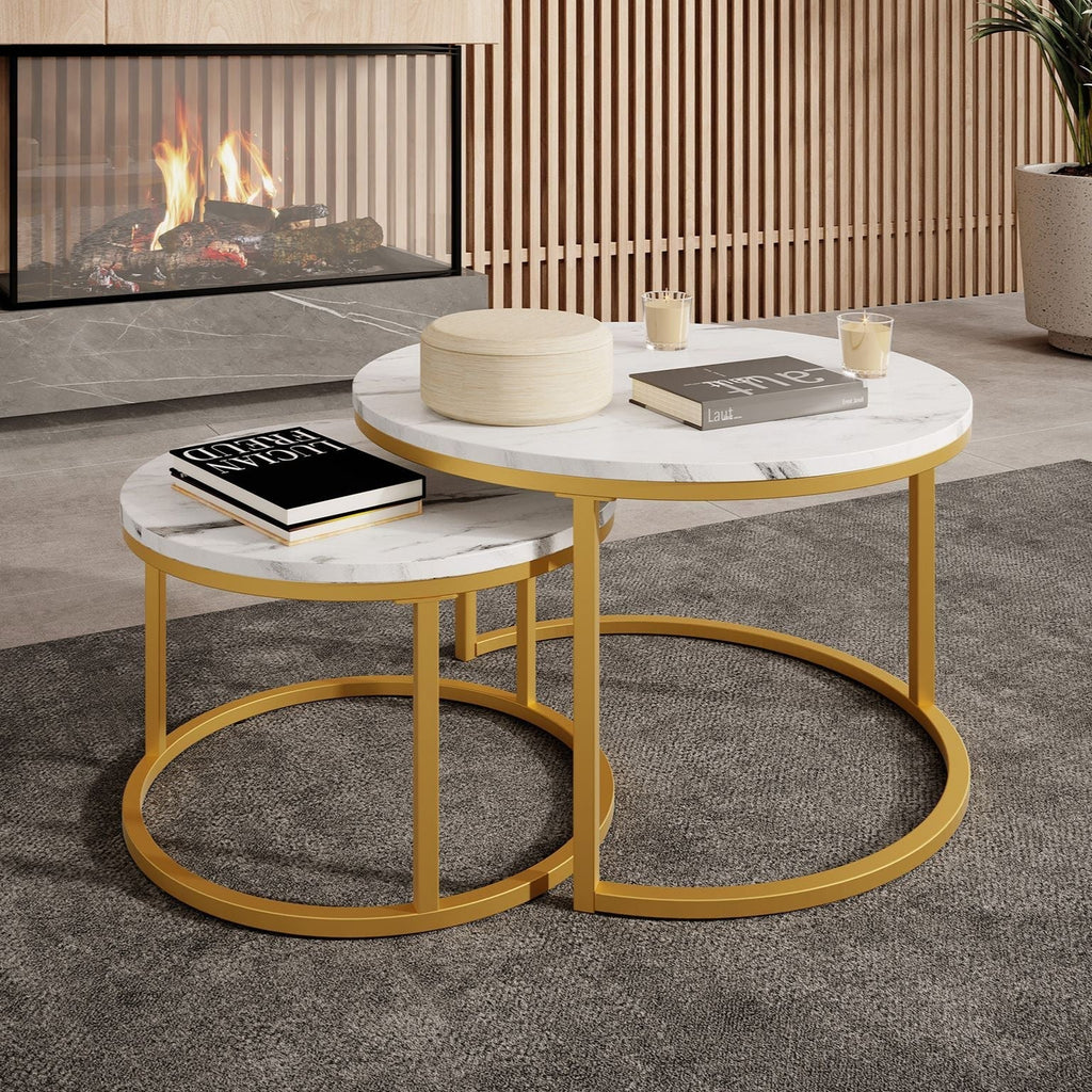 2 darabos modern dohányzóasztal készlet - márványlap és arany lábak