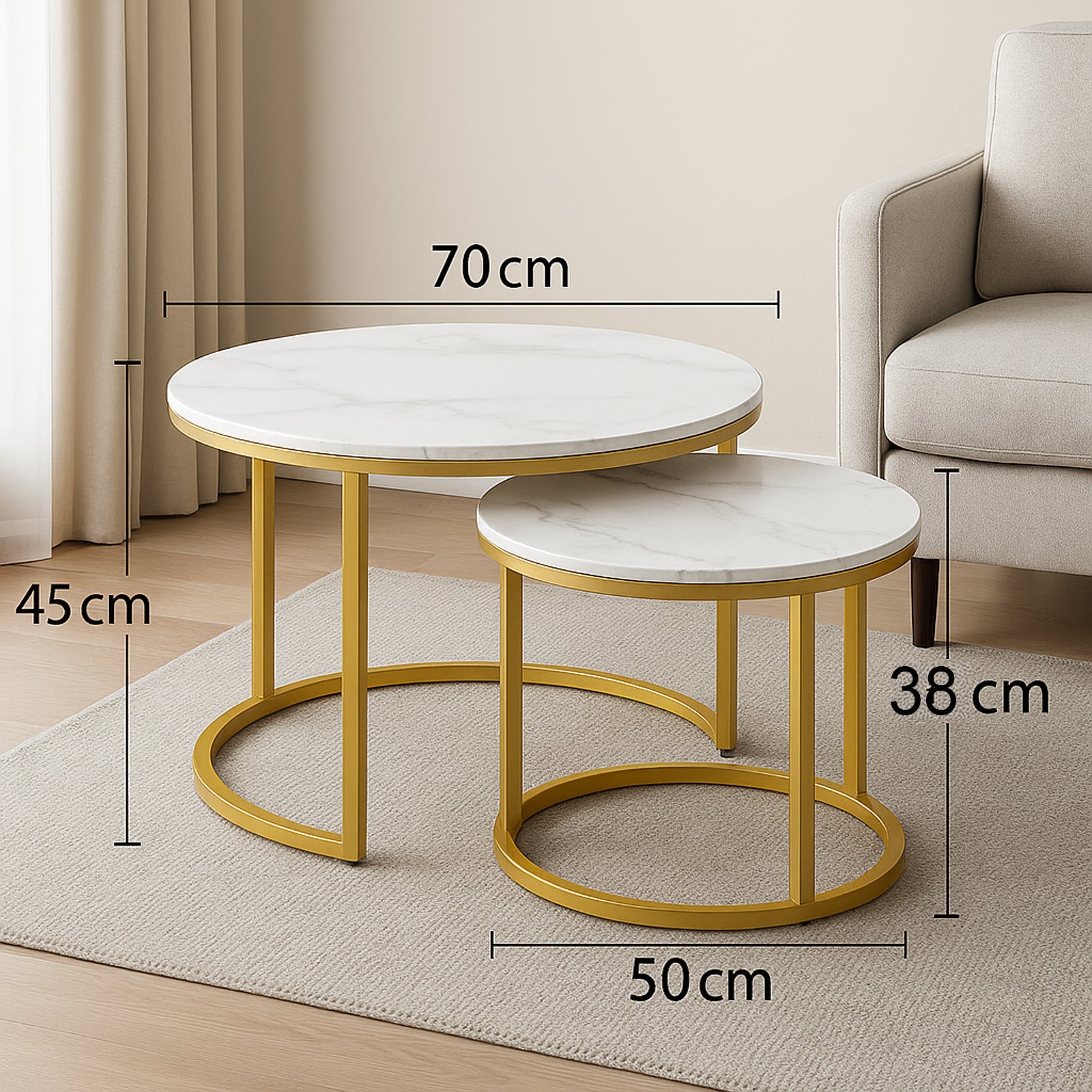 2 darabos modern dohányzóasztal készlet - márványlap és arany lábak