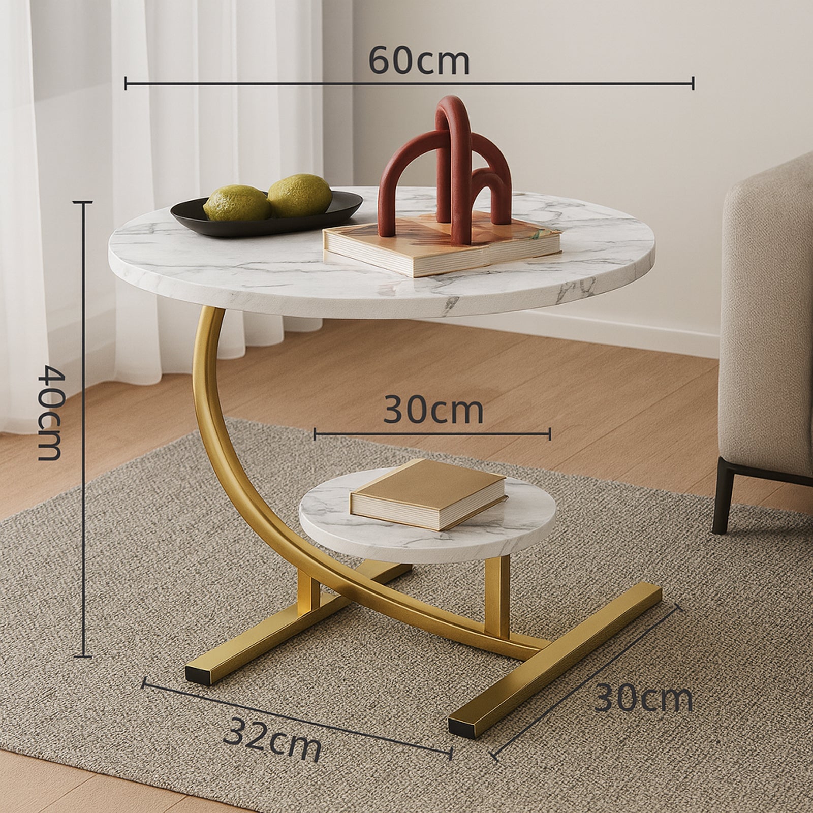 Kerek dohányzóasztal dupla felülettel - márvány & arany