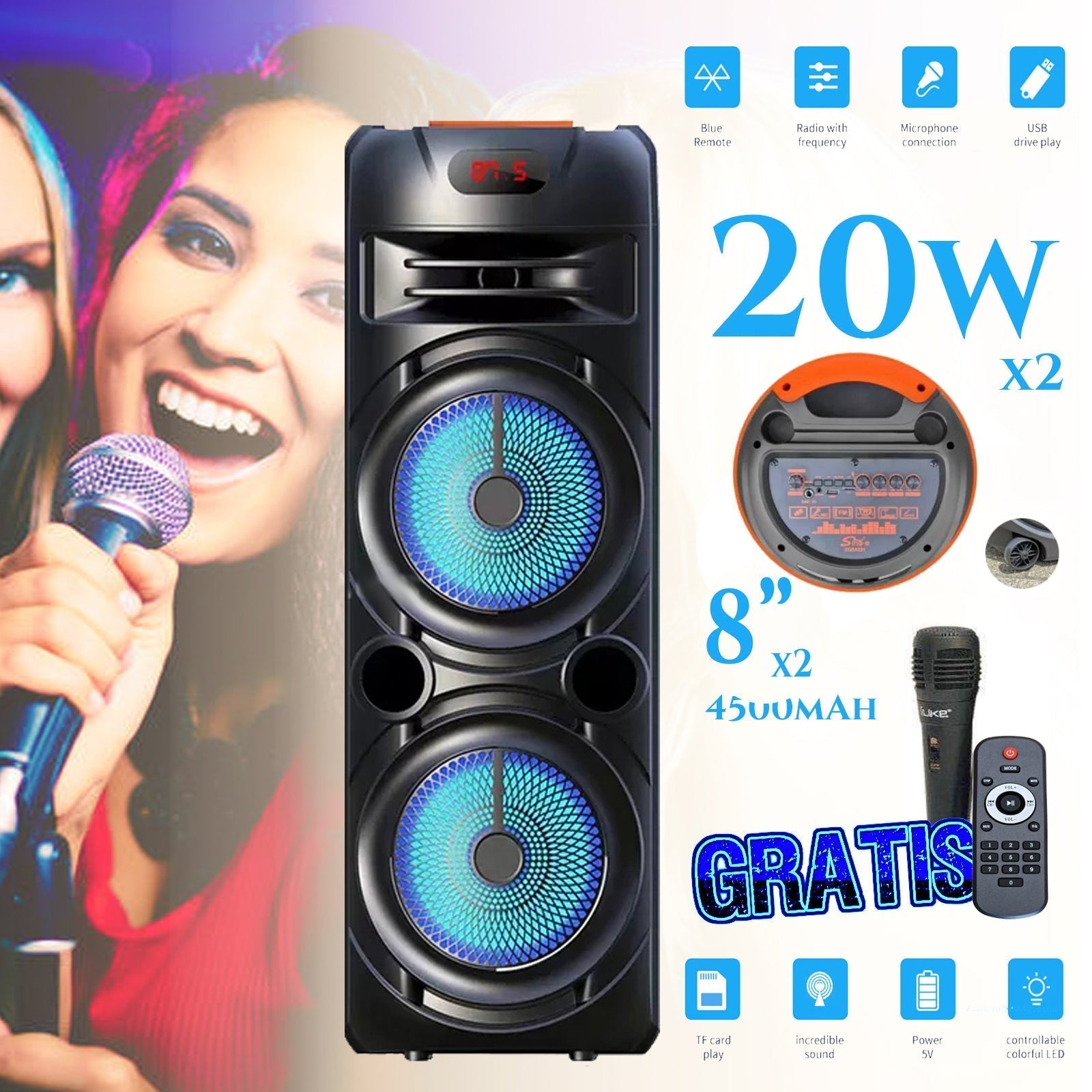 NAGY HANGSZÓRÓ 4500mAh 8'' X2 INGYENES VEZETÉK NÉLKÜLI MIKROFONNAL ÉS TÁVIRÁNYÍTÓVAL